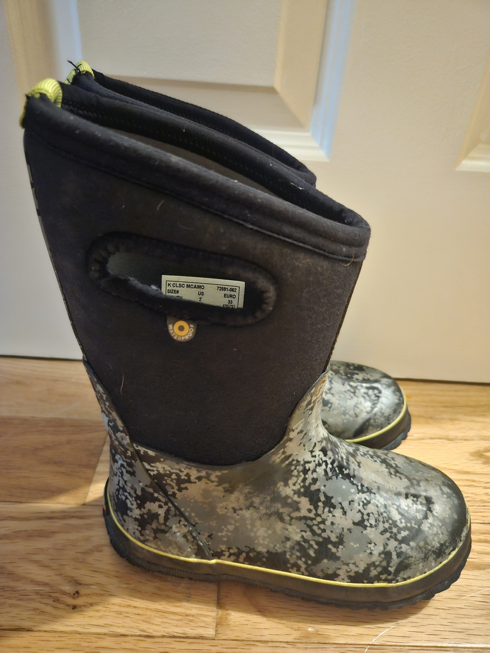 Bogs Kids Black & Gray Camo Boots with Yellow Trim